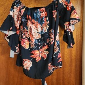 Women’s Navy Blue & Pink Floral Off The Shoulder Blouse Top Ruffle Sleeve Size S